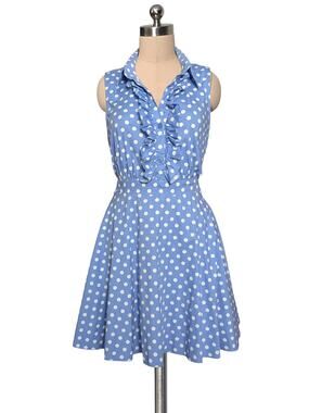 R WISH Fun Retro Blue White Polka Dot Tulle Layer Ruffle Dress XL